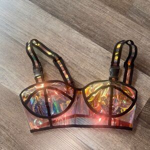 Dolls Kill Iridescent Holographic Bustier Crop Top with Black Trim